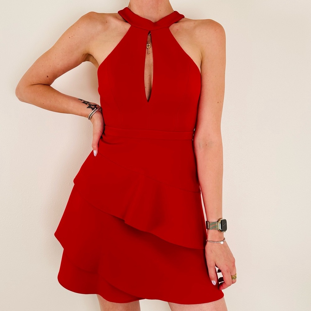BCBG Max Azria Red Tiered Ruffle Cut-Out Keyhole Sleeveless Mini Halter Dress - Picture 4 of 10